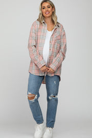 Pink Plaid Button Up Collared Flannel Maternity Top