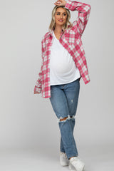 Fuchsia Plaid Button Up Collared Flannel Maternity Top