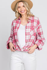 Fuchsia Plaid Button Up Collared Flannel Maternity Top