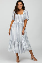 White Striped Puff Sleeve Midi Dress