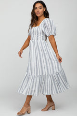 White Striped Puff Sleeve Midi Dress