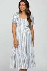 White Striped Puff Sleeve Maternity Midi Dress