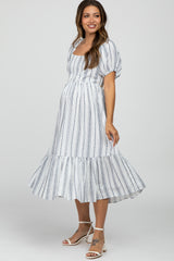 White Striped Puff Sleeve Maternity Midi Dress