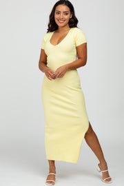 Yellow Ribbed Fitted Side Slit Midi Dress