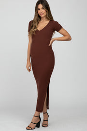 Brown Ribbed Fitted Side Slit Maternity Midi Dress