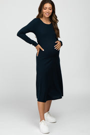 Navy Solid Long Sleeve Maternity Dress