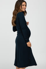 Navy Solid Long Sleeve Maternity Dress