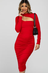 Red Fitted Ruched Cutout Neckline Midi Dress