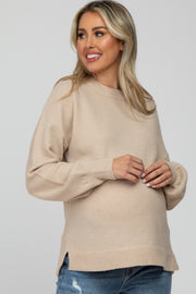 Beige Rib Trim Maternity Knit Sweater