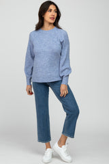 Blue Soft Ribbed Knit Sweater