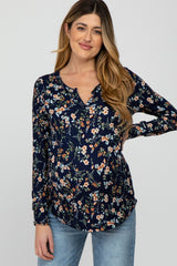 Navy Floral Ribbed Long Sleeve Maternity Top