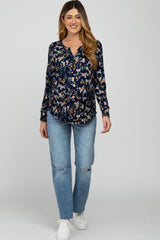 Navy Floral Ribbed Long Sleeve Maternity Top