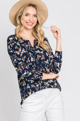 Navy Floral Ribbed Long Sleeve Maternity Top