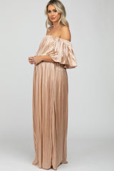 Beige Shimmer Off Shoulder Pleated Maternity Maxi Dress