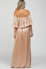 Beige Shimmer Off Shoulder Pleated Maternity Maxi Dress