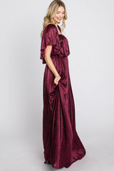 Burgundy Shimmer Off Shoulder Pleated Maxi Dress