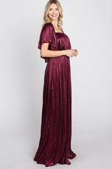 Burgundy Shimmer Off Shoulder Pleated Maxi Dress