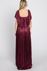 Burgundy Shimmer Off Shoulder Pleated Maxi Dress