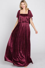 Burgundy Shimmer Off Shoulder Pleated Maxi Dress