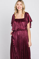 Burgundy Shimmer Off Shoulder Pleated Maxi Dress