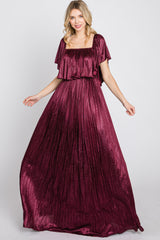 Burgundy Shimmer Off Shoulder Pleated Maxi Dress