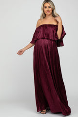 Burgundy Shimmer Off Shoulder Pleated Maternity Maxi Dress