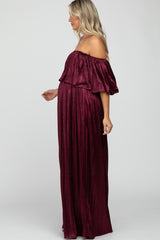 Burgundy Shimmer Off Shoulder Pleated Maternity Maxi Dress