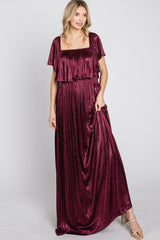 Burgundy Shimmer Off Shoulder Pleated Maternity Maxi Dress