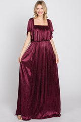 Burgundy Shimmer Off Shoulder Pleated Maxi Dress