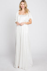 Ivory Shimmer Off Shoulder Pleated Maxi Dress