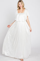 Ivory Shimmer Off Shoulder Pleated Maxi Dress