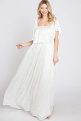 Ivory Shimmer Off Shoulder Pleated Maxi Dress