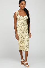 Yellow Floral Ribbed Ruched Shoulder Tie Dress