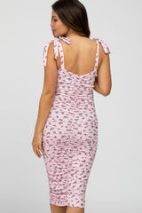 Pink Floral Ribbed Ruched Shoulder Tie Maternity Dress