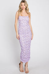 Lavender Mesh Ruched Fitted Dress