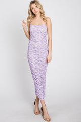 Lavender Mesh Ruched Fitted Dress