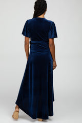 Navy Pleated Velvet Wrap Maxi Dress