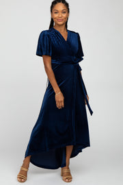 Navy Pleated Velvet Wrap Maxi Dress