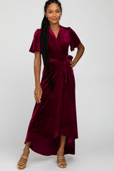 Burgundy Pleated Velvet Wrap Maxi Dress