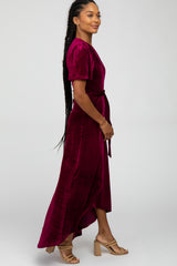 Burgundy Pleated Velvet Wrap Maxi Dress