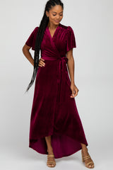 Burgundy Pleated Velvet Wrap Maxi Dress