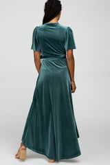 Green Pleated Velvet Wrap Maxi Dress