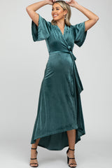 Green Pleated Velvet Wrap Maternity Maxi Dress