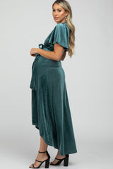 Green Pleated Velvet Wrap Maternity Maxi Dress