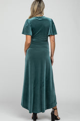 Green Pleated Velvet Wrap Maternity Maxi Dress