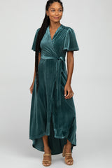 Green Pleated Velvet Wrap Maternity Maxi Dress