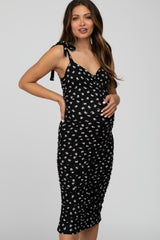 Black Floral Ribbed Ruched Shoulder Tie Maternity Dress