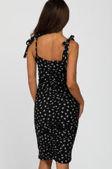 Black Floral Ribbed Ruched Shoulder Tie Dress