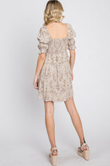 Beige Floral Smocked Square Neck Puff Sleeve Dress