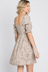 Beige Floral Smocked Square Neck Puff Sleeve Dress